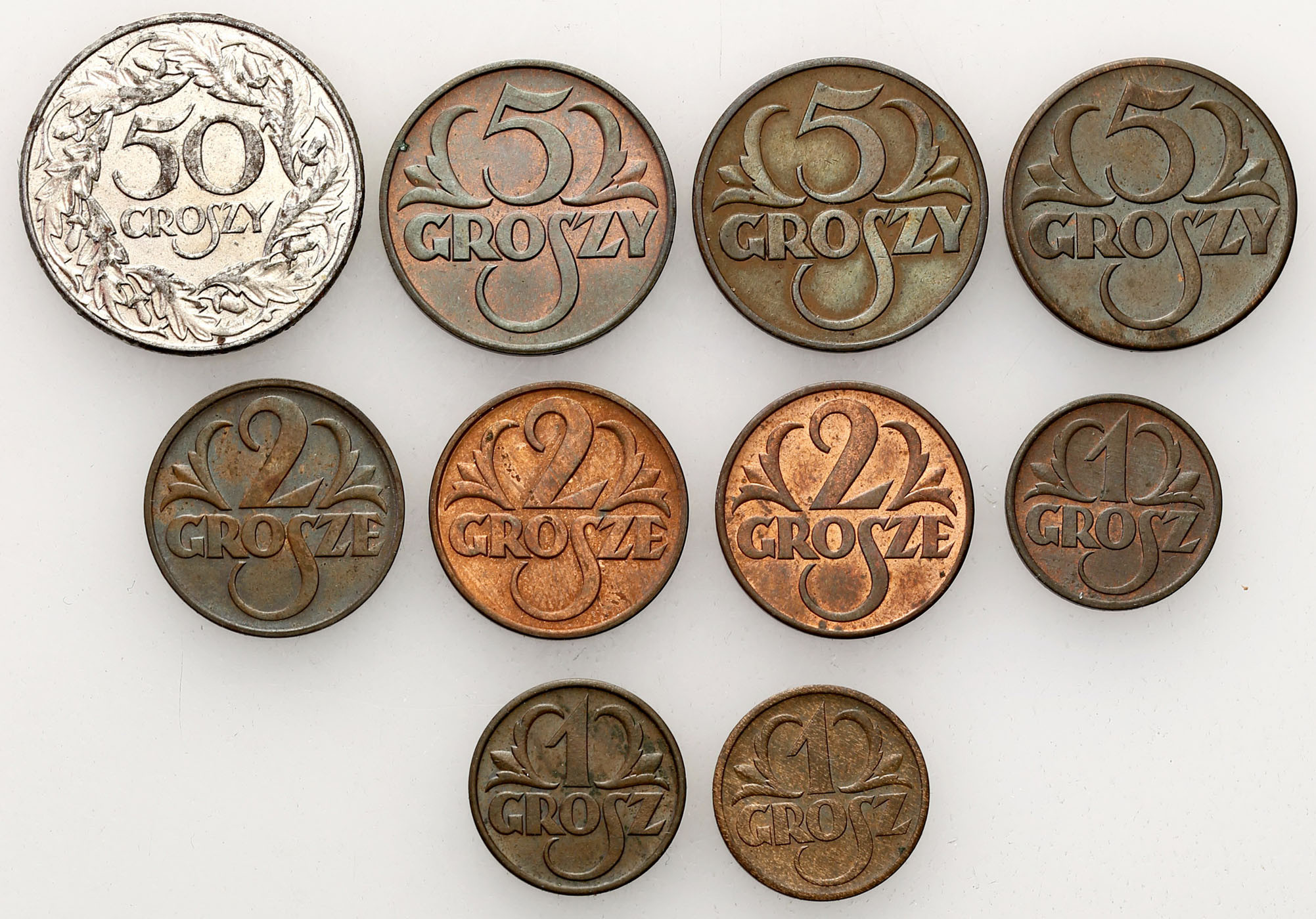 II RP/ Generalna Gubernia. 1 grosz do 50 groszy 1937-1939, zestaw 10 monet